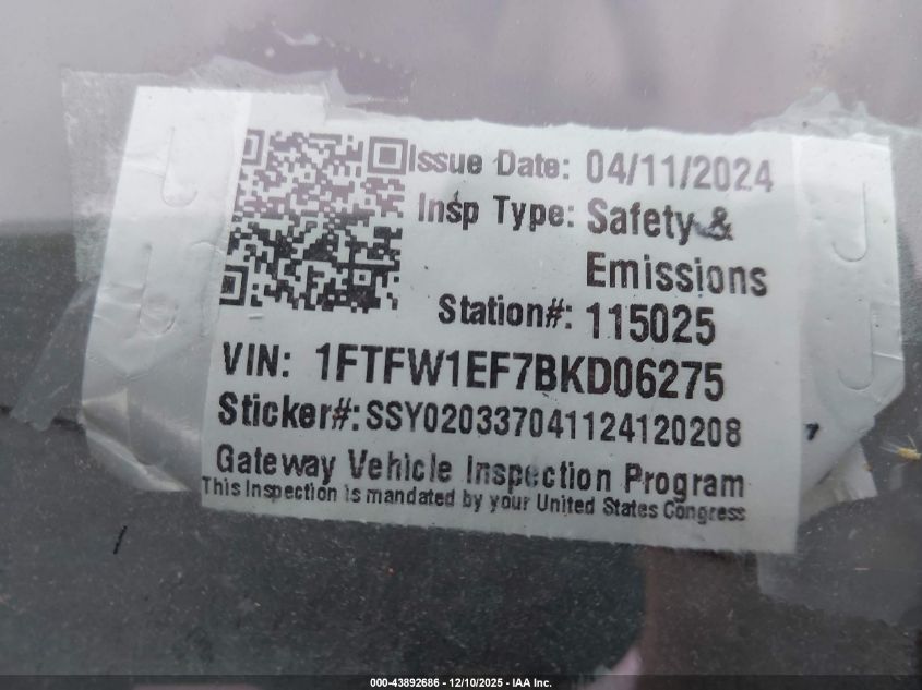 2011 Ford F-150 Xlt VIN: 1FTFW1EF7BKD06275 Lot: 43892686