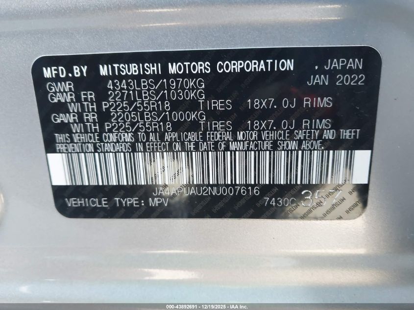 2022 Mitsubishi Outlander Sport Le VIN: JA4APUAU2NU007616 Lot: 43892691