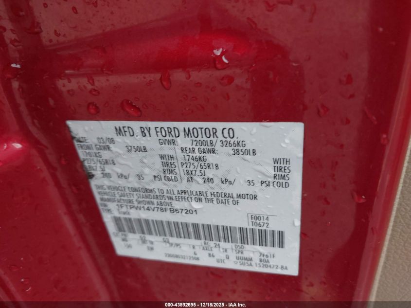 2008 Ford F-150 60Th Anniversary/Fx4/King Ranch/Lariat/Xlt VIN: 1FTPW14V78FB67201 Lot: 43892695