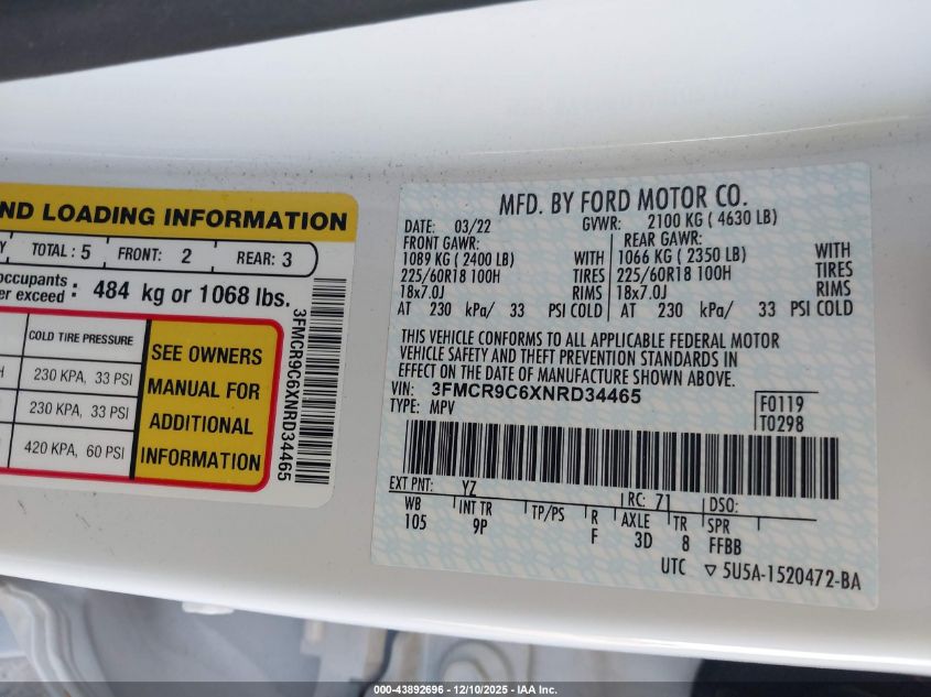 2022 Ford Bronco Sport Outer Banks VIN: 3FMCR9C6XNRD34465 Lot: 43892696