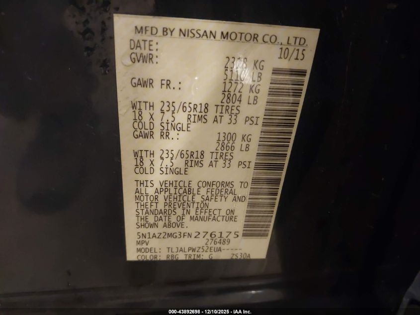 2015 Nissan Murano S VIN: 5N1AZ2MG3FN276175 Lot: 43892698