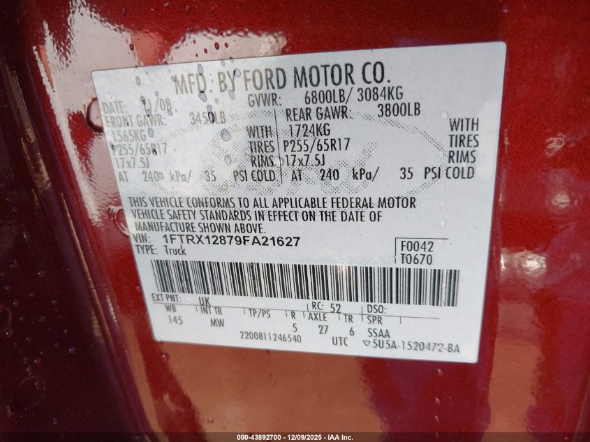 2009 Ford F-150 Stx/Xl/Xlt VIN: 1FTRX12879FA21627 Lot: 43892700