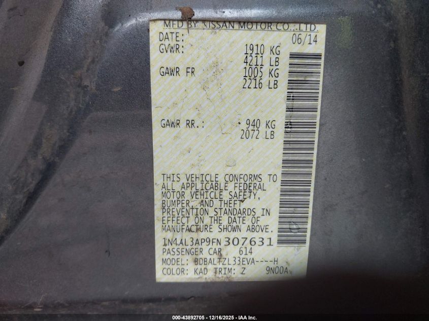 2015 Nissan Altima 2.5 Sl VIN: 1N4AL3AP9FN307631 Lot: 43892705