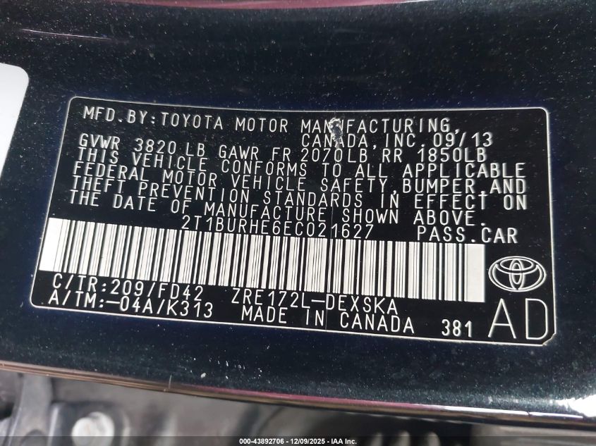 2014 Toyota Corolla S Plus VIN: 2T1BURHE6EC021627 Lot: 43892706