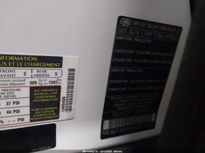 2016 Land Rover Range Rover Sport 3.0L V6 Supercharged Se VIN: SALWG2PF1GA594509 Lot: 43892719