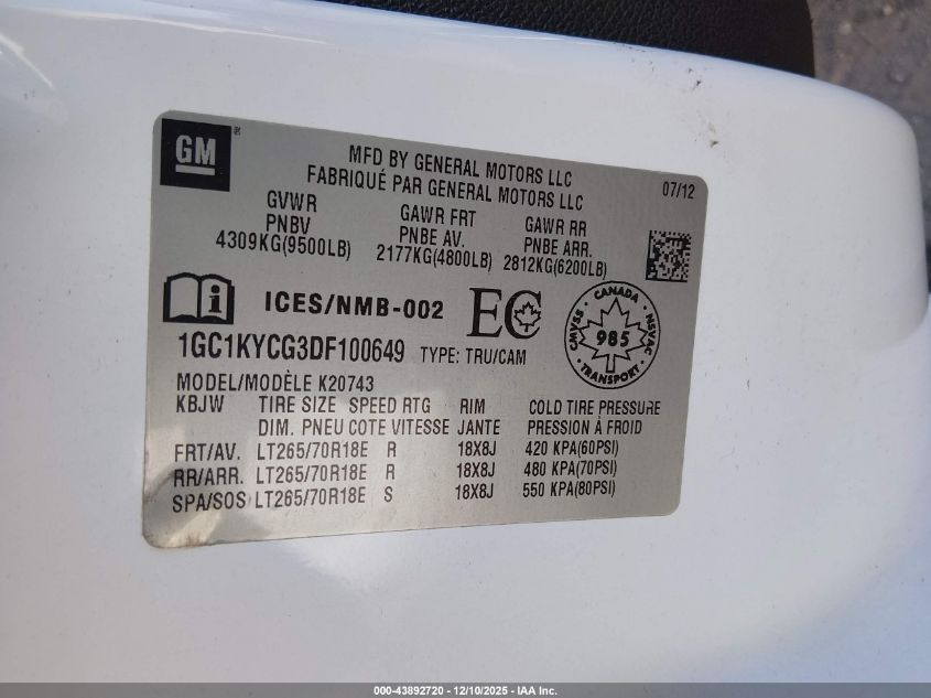 2013 Chevrolet Silverado 2500Hd Ltz VIN: 1GC1KYCG3DF100649 Lot: 43892720