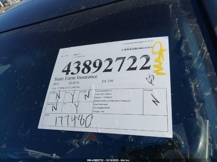 2012 Lexus Es 350 VIN: JTHBK1EG2C2487966 Lot: 43892722