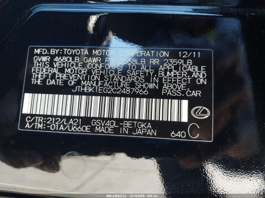 2012 Lexus Es 350 VIN: JTHBK1EG2C2487966 Lot: 43892722