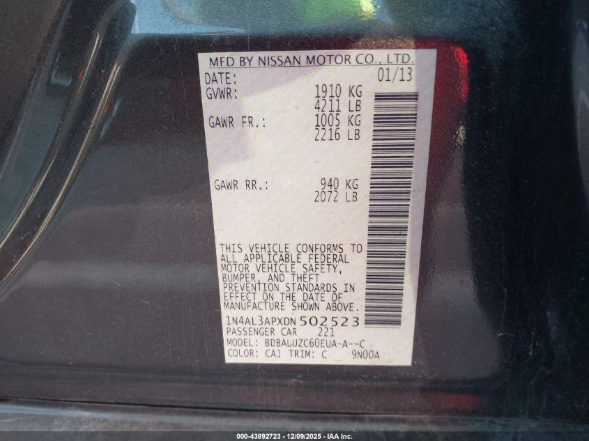 2013 Nissan Altima 2.5 Sv VIN: 1N4AL3APXDN502523 Lot: 43892723