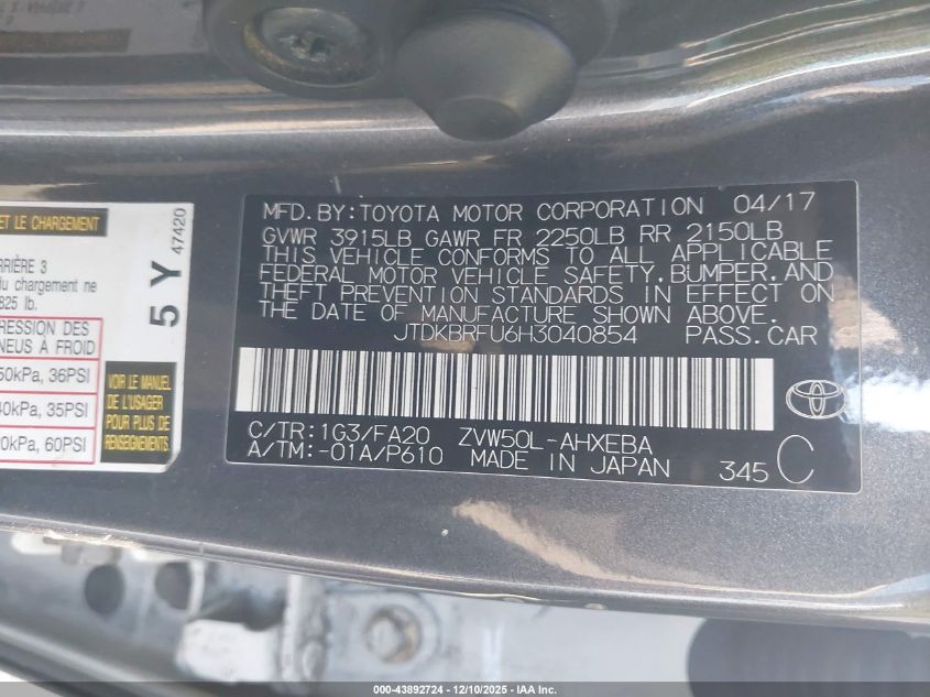 2017 Toyota Prius Two VIN: JTDKBRFU6H3040854 Lot: 43892724