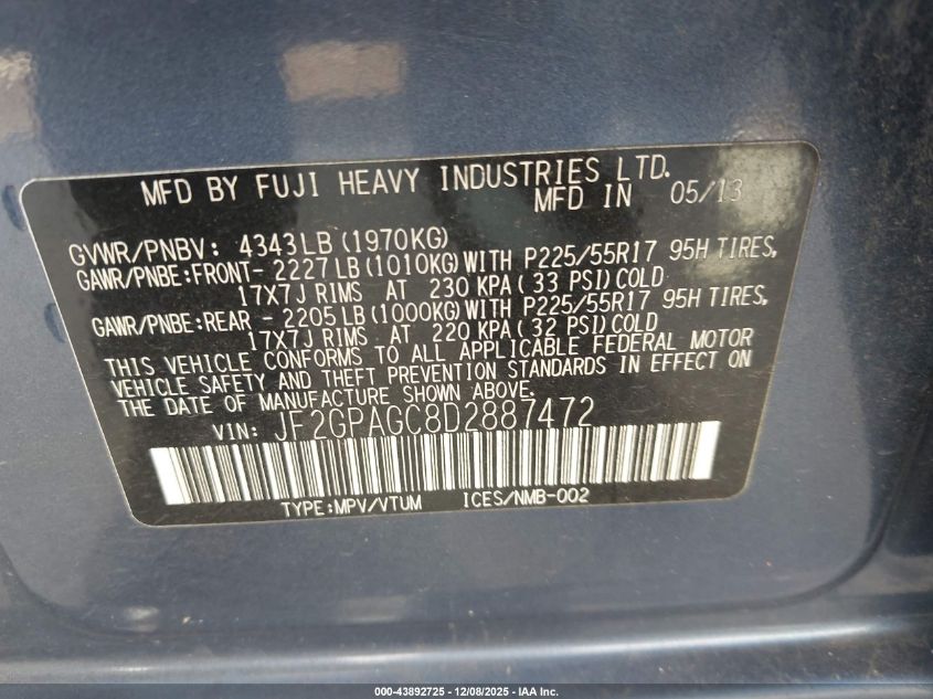 2013 Subaru Xv Crosstrek 2.0I Limited VIN: JF2GPAGC8D2887472 Lot: 43892725