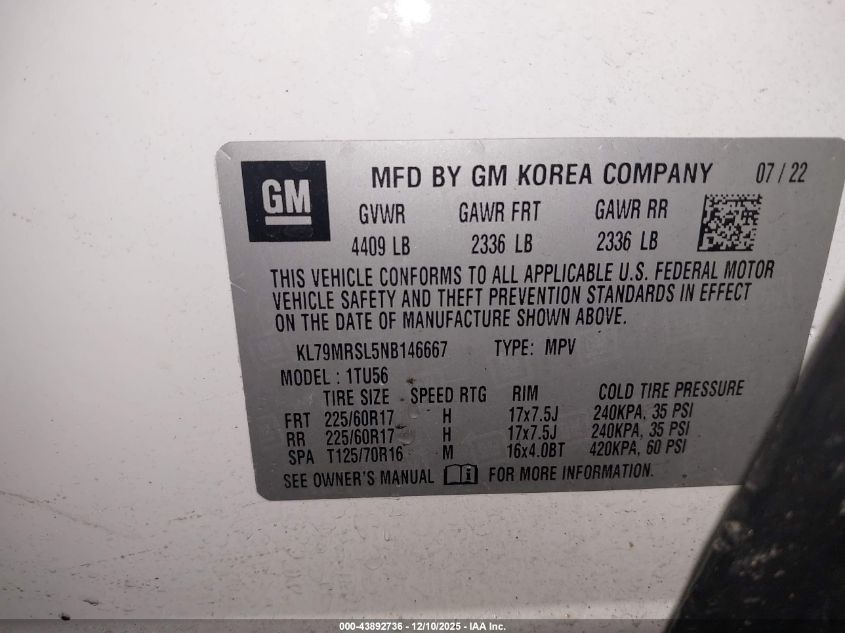 2022 Chevrolet Trailblazer Awd Lt VIN: KL79MRSL5NB146667 Lot: 43892736