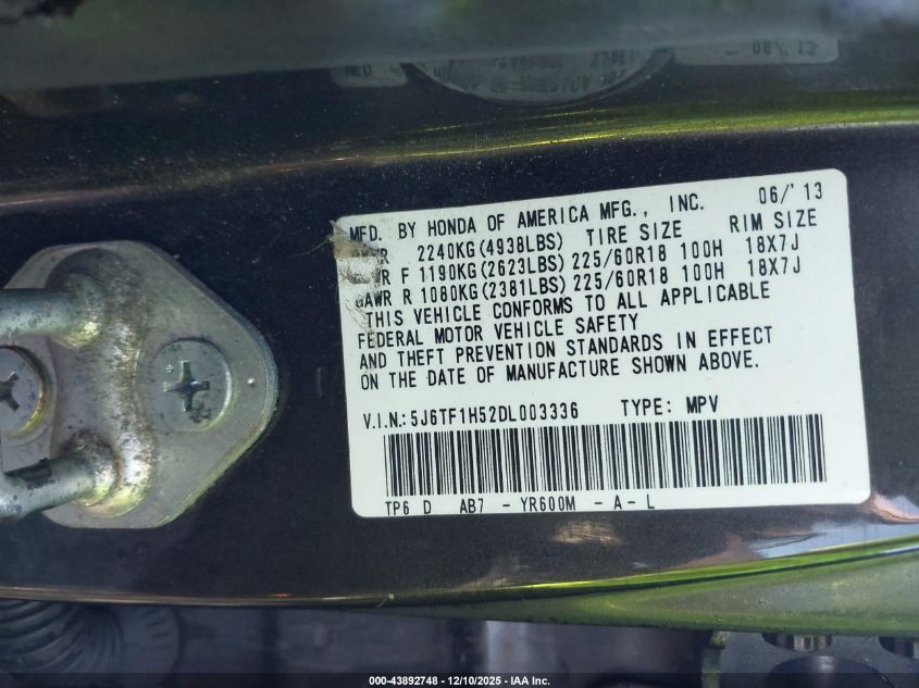 2013 Honda Crosstour Ex-L V6 VIN: 5J6TF1H52DL003336 Lot: 43892748