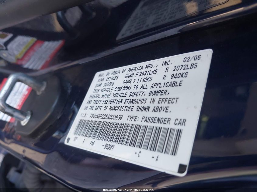 2006 Acura Tl VIN: 19UUA66226A033936 Lot: 43892749