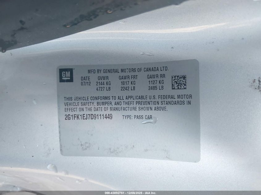 2013 Chevrolet Camaro 2Ss VIN: 2G1FK1EJ7D9111449 Lot: 43892751