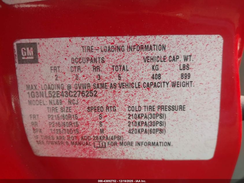 2003 Oldsmobile Alero Gl1 VIN: 1G3NL52E43C276252 Lot: 43892752