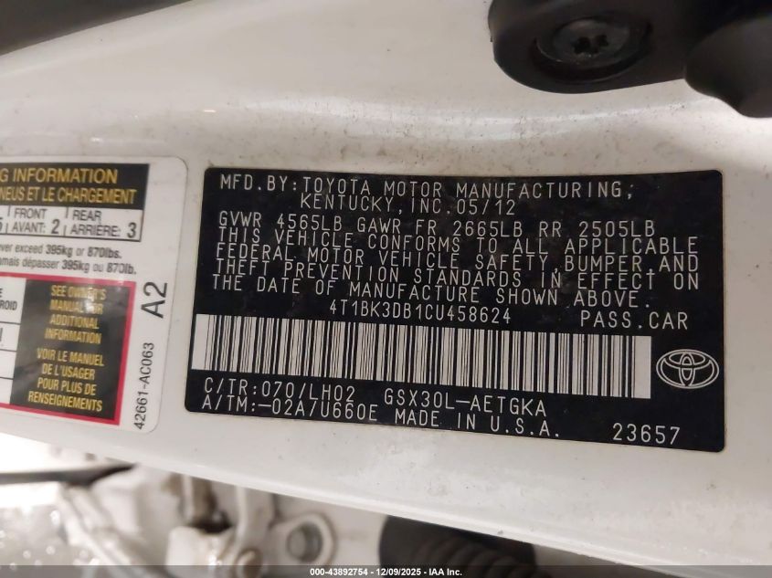 2012 Toyota Avalon VIN: 4T1BK3DB1CU458624 Lot: 43892754