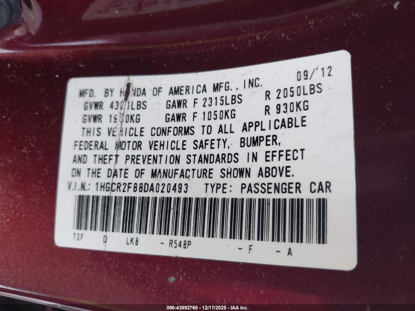 2013 Honda Accord Sdn Ex-L VIN: 1HGCR2F88DA020493 Lot: 43892768