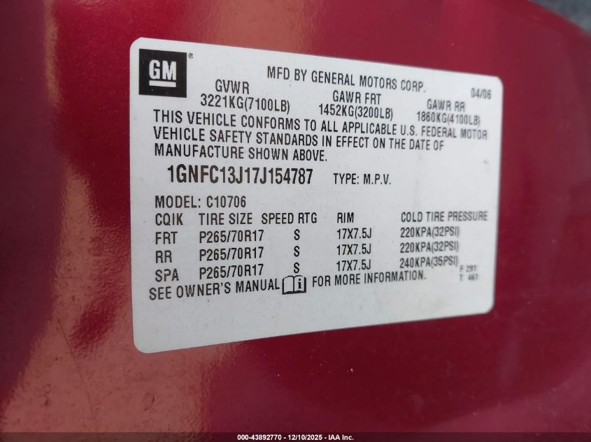 2007 Chevrolet Tahoe Lt VIN: 1GNFC13J17J154787 Lot: 43892770