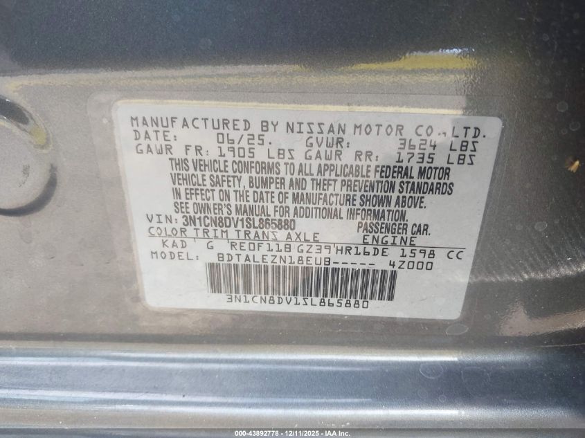 2025 Nissan Versa 1.6 S VIN: 3N1CN8DV1SL865880 Lot: 43892778