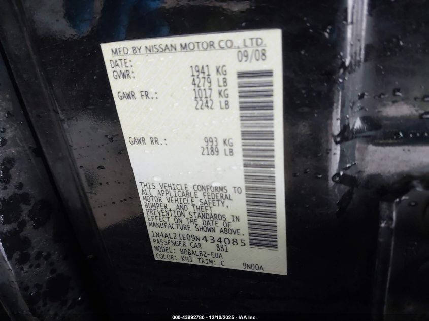 2009 Nissan Altima 2.5 S VIN: 1N4AL21E09N434085 Lot: 43892780