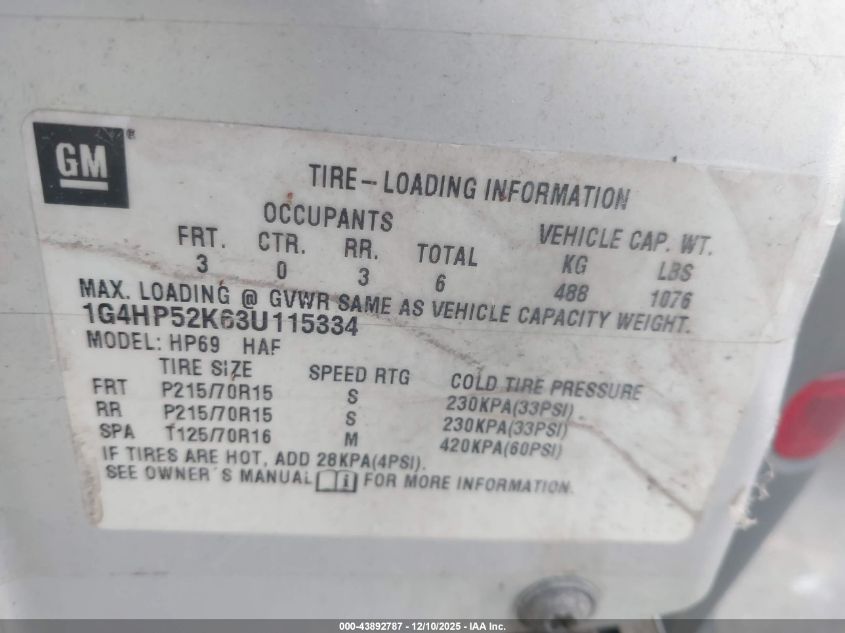 2003 Buick Lesabre Custom VIN: 1G4HP52K63U115334 Lot: 43892787