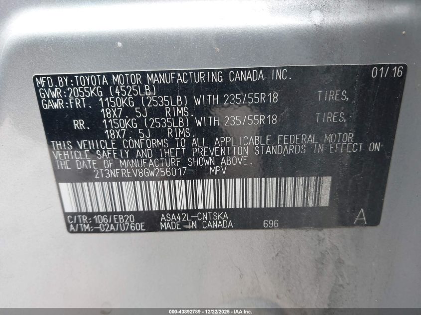 2016 Toyota Rav4 Se VIN: 2T3NFREV8GW256017 Lot: 43892789