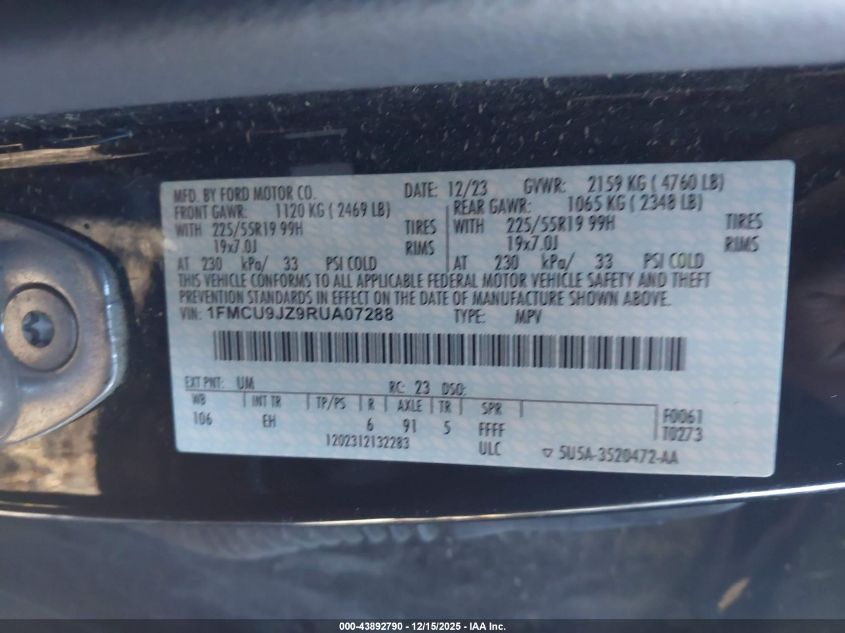 2024 Ford Escape Platinum VIN: 1FMCU9JZ9RUA07288 Lot: 43892790