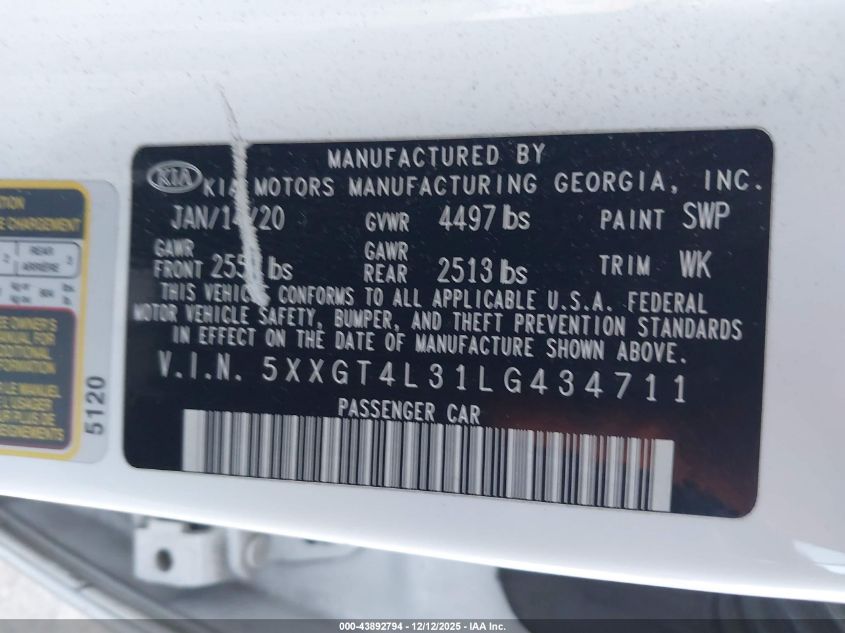 2020 Kia Optima Lx VIN: 5XXGT4L31LG434711 Lot: 43892794