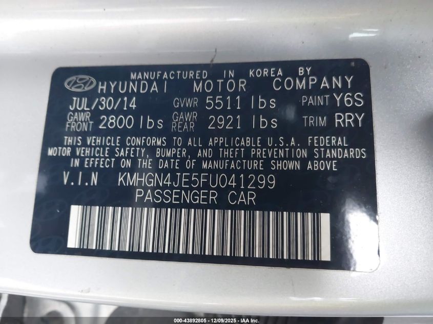 2015 Hyundai Genesis 3.8 VIN: KMHGN4JE5FU041299 Lot: 43892805