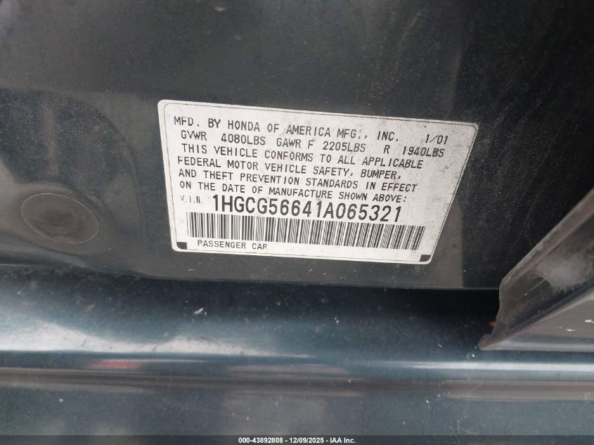2001 Honda Accord 2.3 Ex VIN: 1HGCG56641A065321 Lot: 43892808