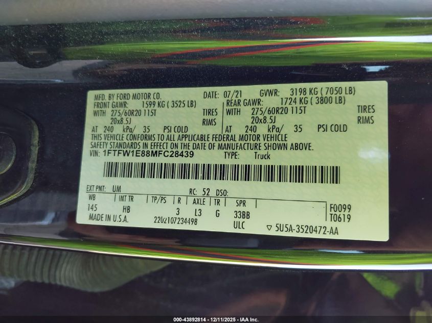 2021 Ford F-150 Lariat VIN: 1FTFW1E88MFC28439 Lot: 43892814