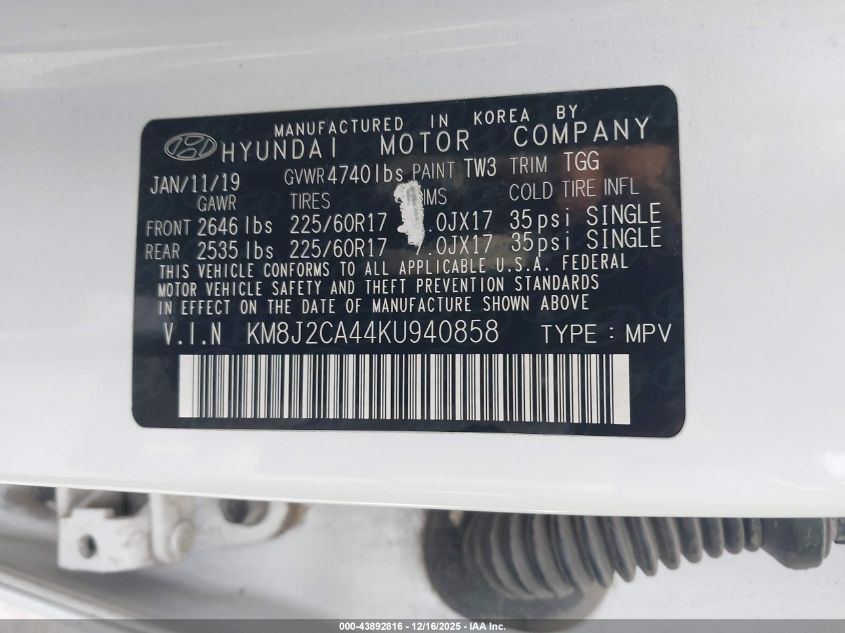 2019 Hyundai Tucson Se VIN: KM8J2CA44KU940858 Lot: 43892816