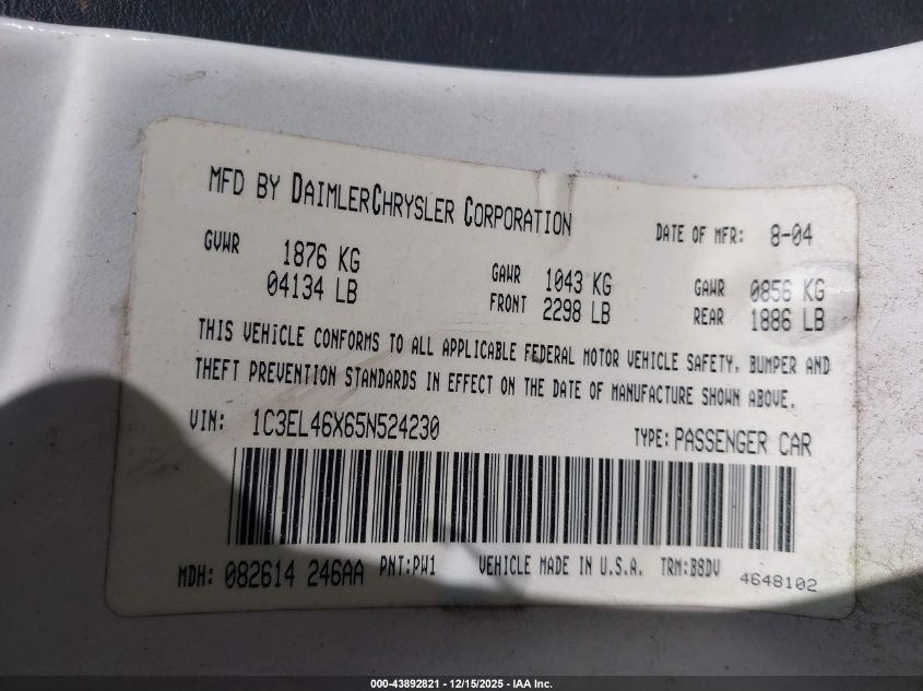 2005 Chrysler Sebring VIN: 1C3EL46X65N524230 Lot: 43892821