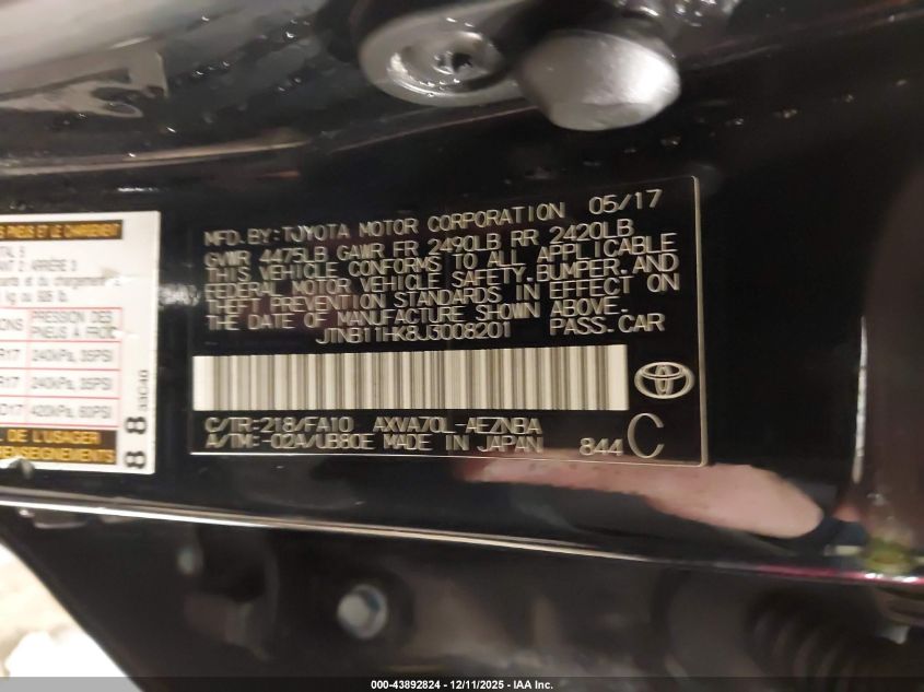 2018 Toyota Camry Le VIN: JTNB11HK8J3008201 Lot: 43892824