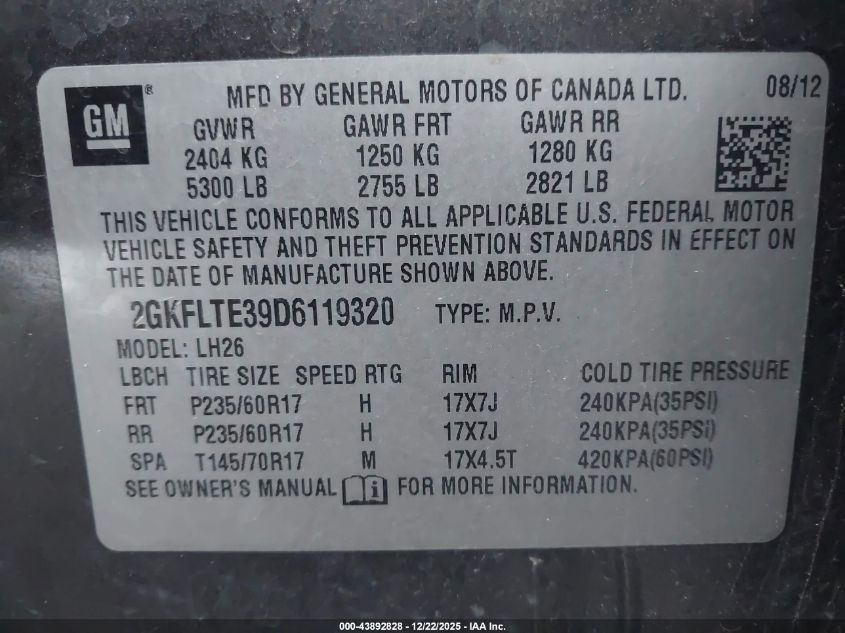 2013 GMC Terrain Sle-2 VIN: 2GKFLTE39D6119320 Lot: 43892828