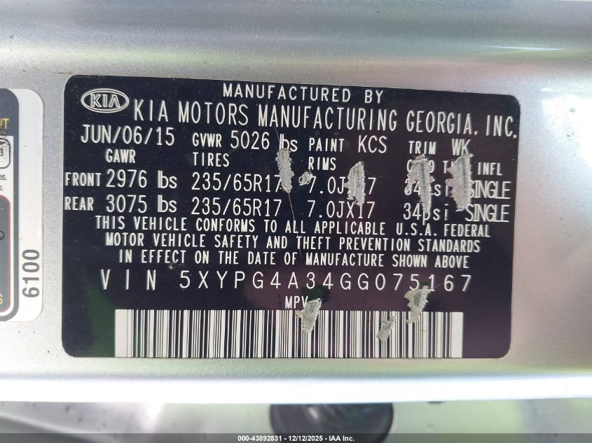 2016 Kia Sorento 2.4L Lx VIN: 5XYPG4A34GG075167 Lot: 43892831