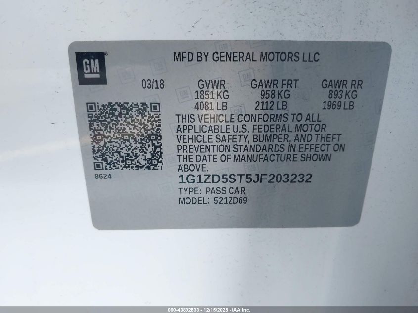 2018 Chevrolet Malibu Lt VIN: 1G1ZD5ST5JF203232 Lot: 43892833