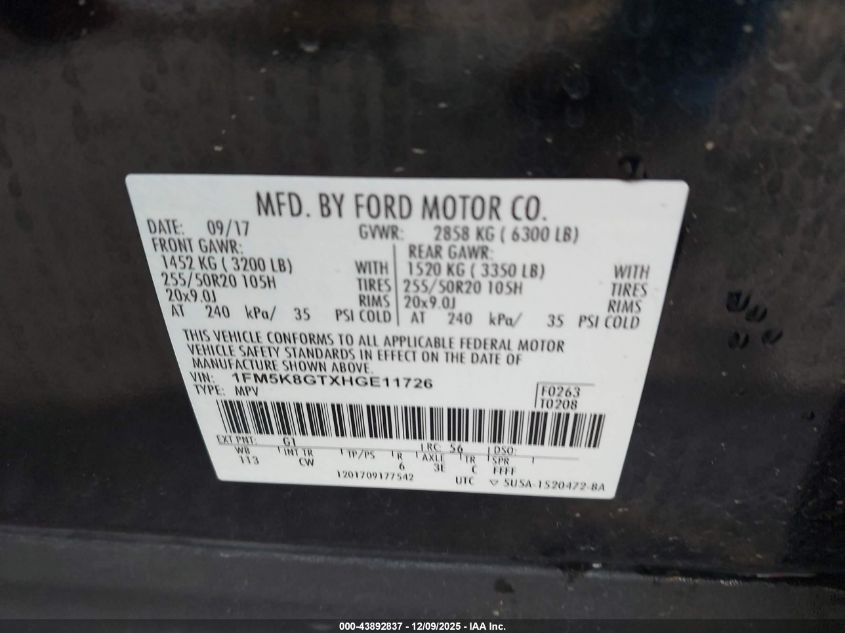 2017 Ford Explorer Sport VIN: 1FM5K8GTXHGE11726 Lot: 43892837