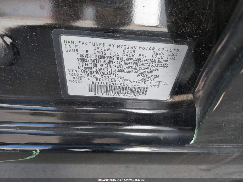 2022 Nissan Versa S VIN: 3N1CN8DVXNL846197 Lot: 43892845