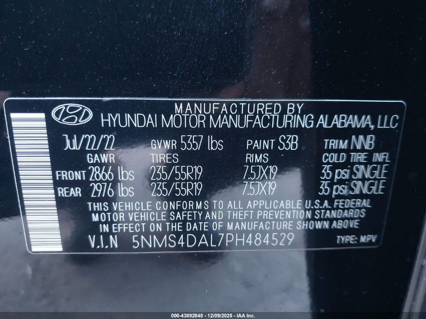 2023 Hyundai Santa Fe Limited VIN: 5NMS4DAL7PH484529 Lot: 43892848