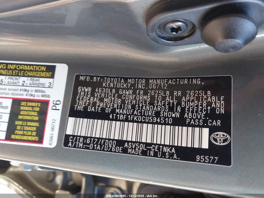 2012 Toyota Camry Le VIN: 4T1BF1FK0CU594510 Lot: 43892850