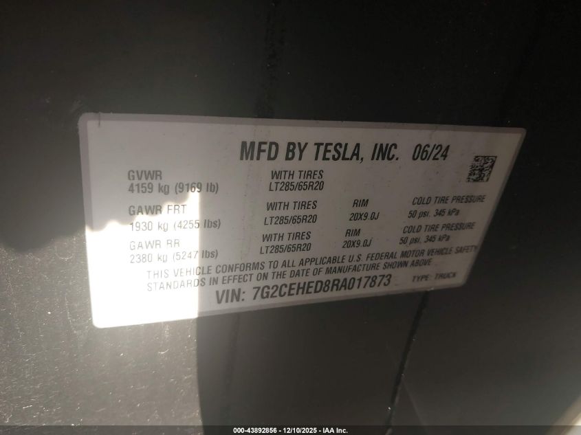2024 Tesla Cybertruck All-Wheel Drive VIN: 7G2CEHED8RA017873 Lot: 43892856