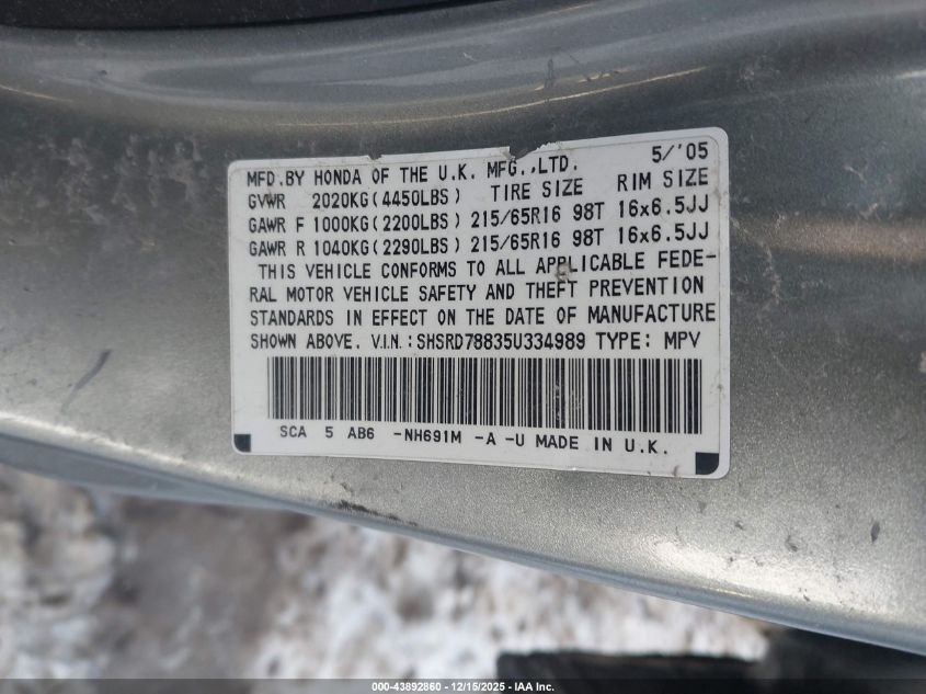 2005 Honda Cr-V Ex VIN: SHSRD78835U334989 Lot: 43892860