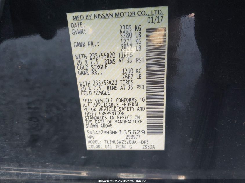 2017 Nissan Murano Platinum VIN: 5N1AZ2MH8HN135629 Lot: 43892862