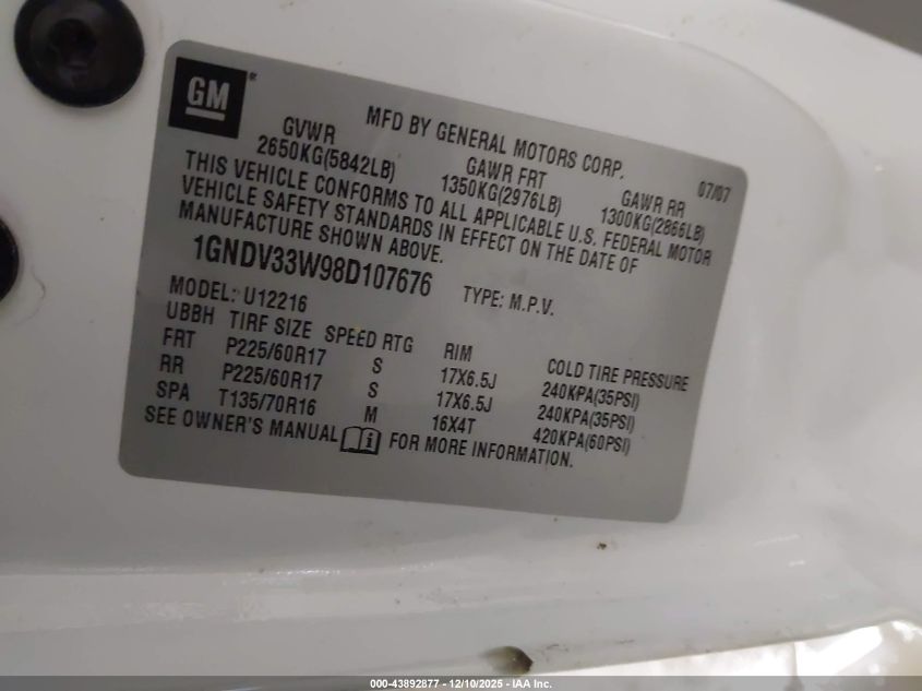 2008 Chevrolet Uplander Lt VIN: 1GNDV33W98D107676 Lot: 43892877