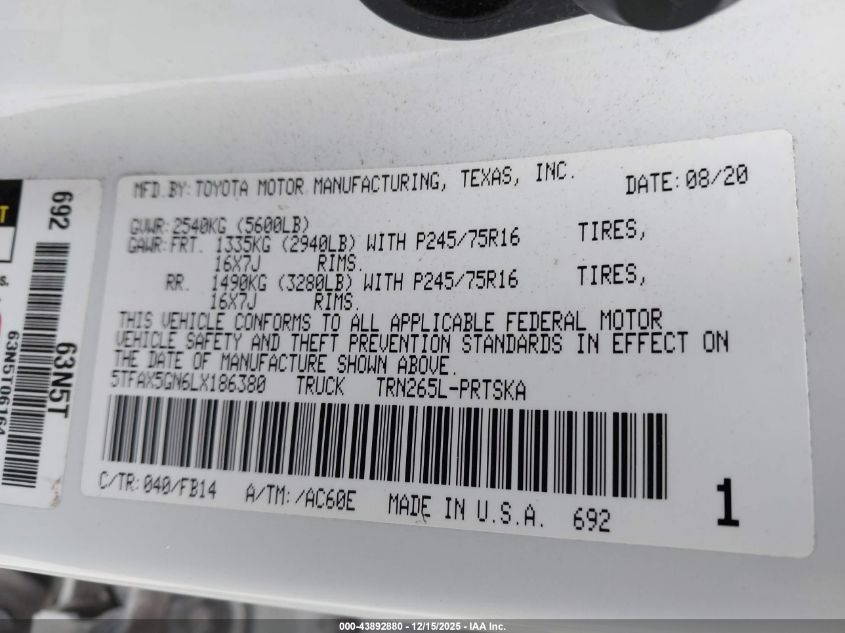 2020 Toyota Tacoma Sr VIN: 5TFAX5GN6LX186380 Lot: 43892880