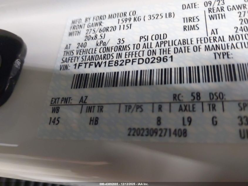 2023 Ford F-150 Lariat VIN: 1FTFW1E82PFD02961 Lot: 43892885