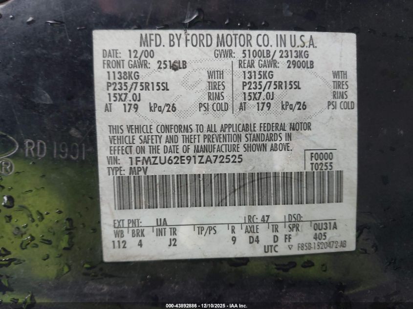 2001 Ford Explorer Xls VIN: 1FMZU62E91ZA72525 Lot: 43892886
