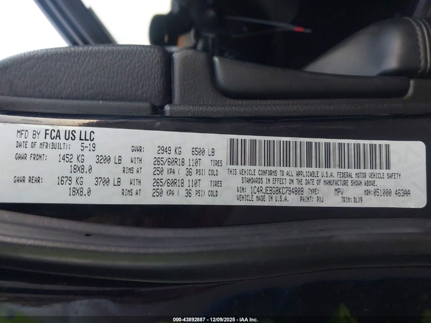 2019 Jeep Grand Cherokee Limited 4X2 VIN: 1C4RJEBG8KC794808 Lot: 43892887